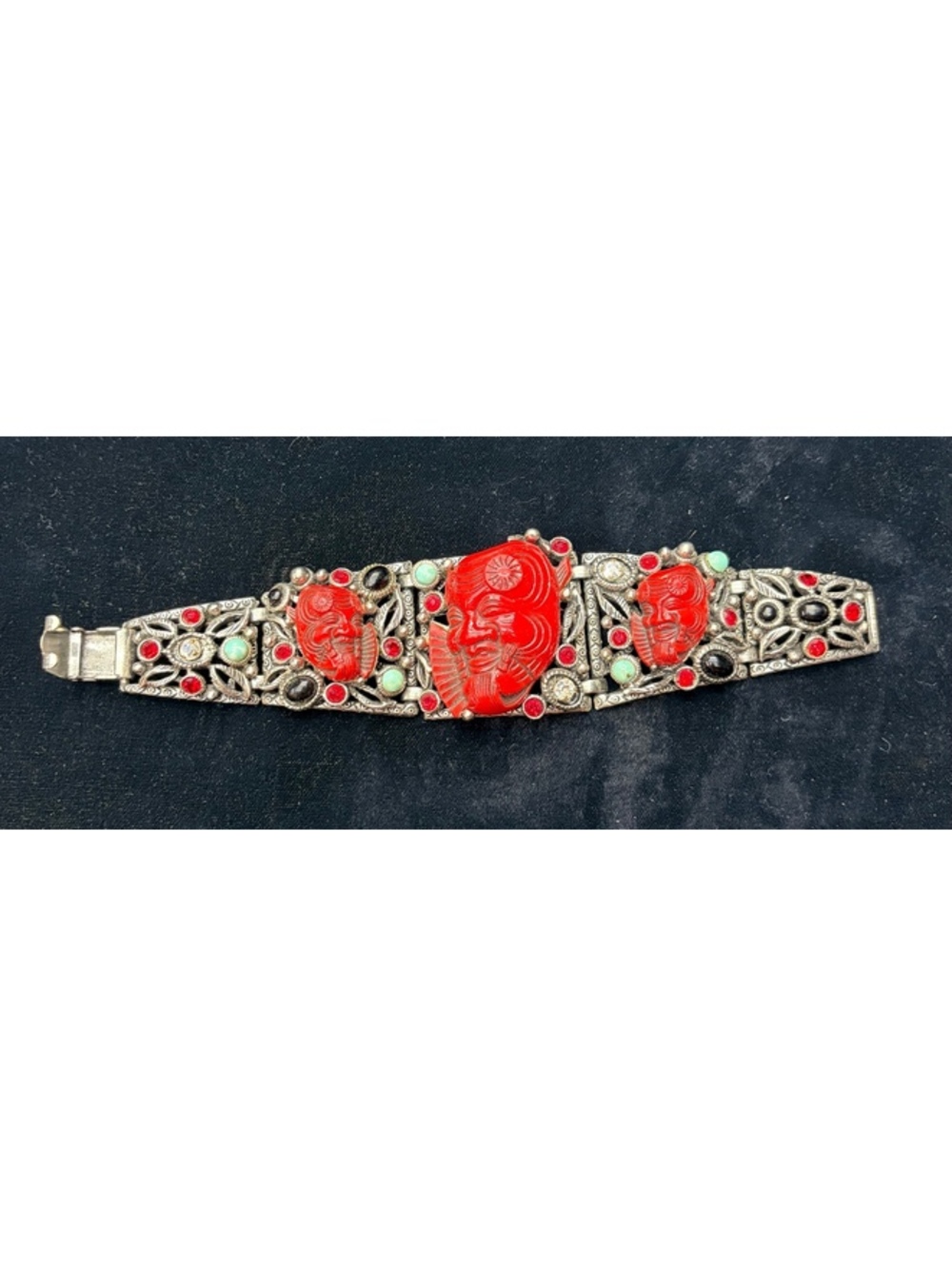 Vintage Signed Chunky Selro Selini Red Japanese Demon Silver-Tone Bracelet